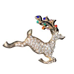 NWT Cute Goldtone Reindeer Pin Brooch With Heavy Rhinestone Accent